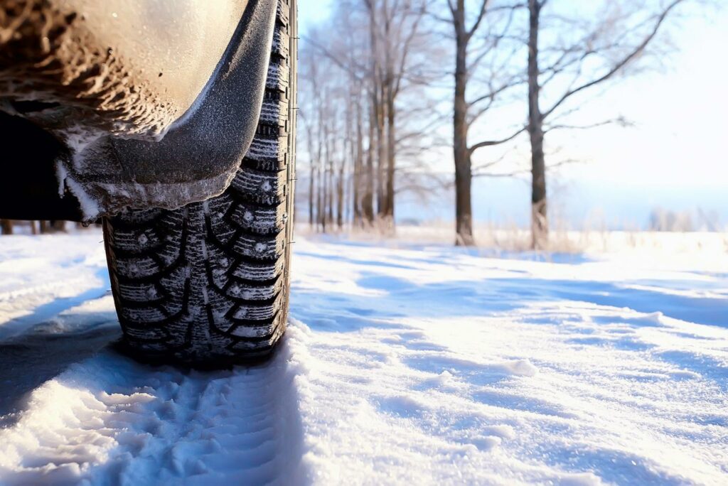 Closeup of car tire driving on snow